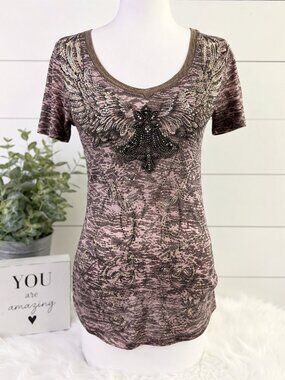 Miss Me Beaded Wing Top Rhinestone Embellished Graphic Tee Size M Y2K